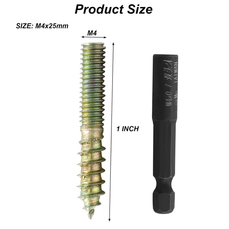 Hitefu 20PCS Hanger Bolts, M4 Double Ended Screws 1"(25mm) Length, M4 Dowel Screw for Wood Furniture, with (M4x0.7mm) Hanger Bolt Driver - Image 3